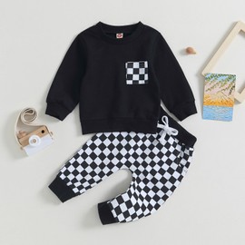 Edhomenn Baby Boys Casual Outfits Long Sleeve Sweatshirt Tops with Checkerboard Print Drawstring Pants Sets Toddler Boys 2Pcs Clothes (01 Black, 12-18 Months)