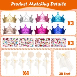 Hoedia 24+37Pcs Foam Crowns Set, Princess Tiaras and Foam DIY Crowns for Kids to Decorate for Birthday Party Crowns Favors with 24 Foam Crowns, 24 Wooden Wands, 12 Rhinestone Stickers,1 Silk Ribbon