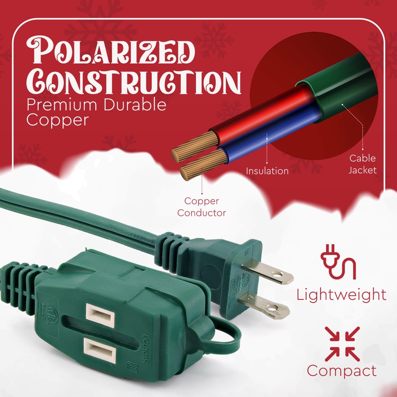 15 Feet Green Extension Cord for Christmas Tree, 3 Outlet,