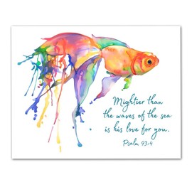Psalm 93:4"Mightier Than The Waves of the Sea is His Love For You" Bible Verse Quote Fish Wall Art - Unframed 11 x 14 Multi Color Watercolor Splash Animal Print - Inspirational Gift under $15
