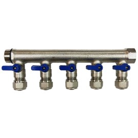 5 Loop Plumbing Manifold w/ 3/4" trunk & 1/2" pex ball valves, blue handle