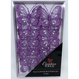 Set of 6 Lilac 8cm Diamante Glitter Mesh Jewelled Butterfly 3D Decorative Butterflies Wedding Home Party Event Craft Embellishment Festive Stylish Xmas Tree Christmas Decoration Curtain Clip On