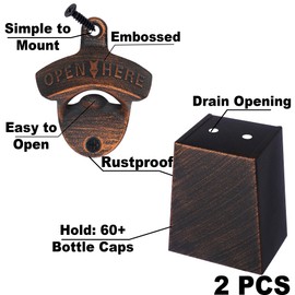 Jumiok Old Style Beer Cap Opener Wall Mounted Soda Bottle Top Opener with Cap Catcher Bucket Stainless Drainage (Aged Copper)