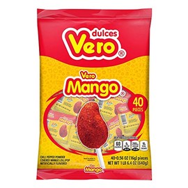 Vero Mango Flavored Acidulated Hard Candy Lollipops Coated with Chili: 120 Pieces - Wgg12