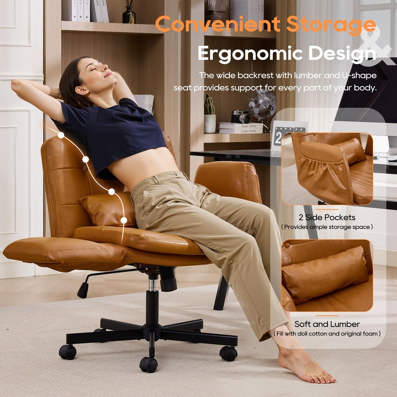 Criss Cross Office Chair with Flip Armrests, PU Leather, Brown