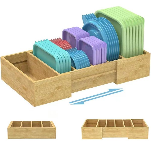 Retro Shaw Expandable Bamboo Food Container Lid Organizer for Cabinet, Adjustable Lid Organizer for Plastic Lids and Covers Storage, Lid Organizer Rack with Adjustable Dividers