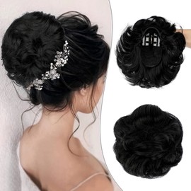 Wodelanle Claw Clip Messy Bun Hair Piece Wavy Hair Bun Curly Messy Bun Hair Piece Synthetic Tousled Updo Hair Extensions Ponytail Scrunchies Hairpieces for Women,Dark Black