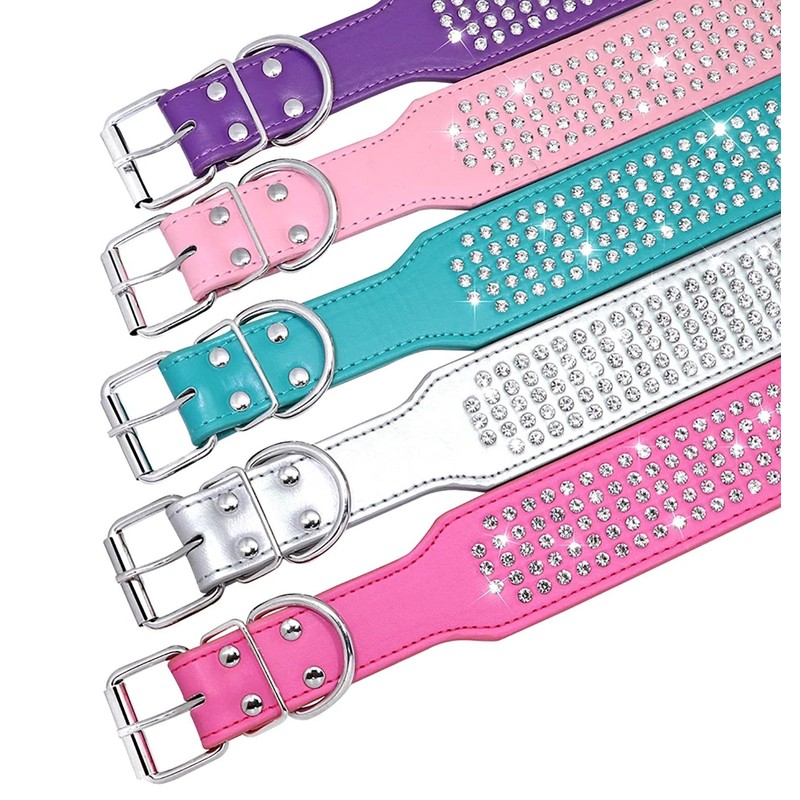 BTDCFY Rhinestones Dog Collars-2" Wide Crystal Diamonds Studded PU Leather