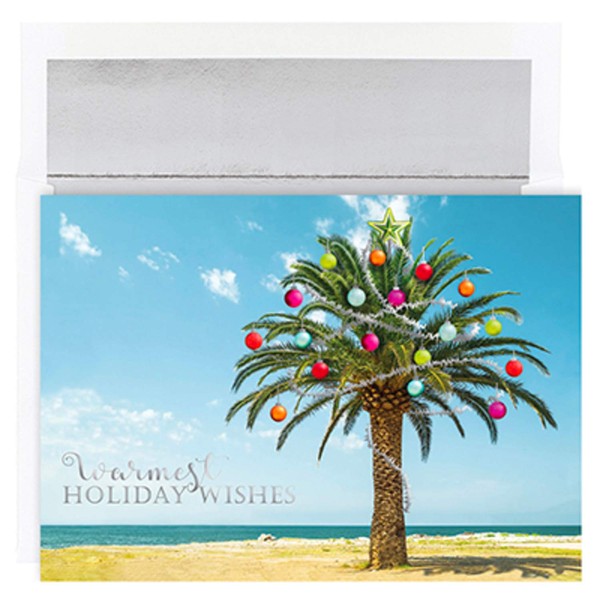 Masterpiece Studios Warmest Wishes 16-Count Boxed Christmas Cards with Foil-Lined Envelopes, 7.8" x 5.6", Decorated Palm Tree (919700)