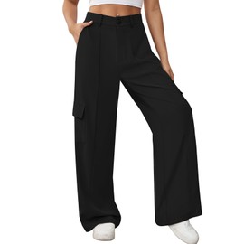 Pink Queen Women High Waisted Wide Leg Cargo Pants Button Down Loose Casual Trendy Work Trousers with 4 Pockets Black M