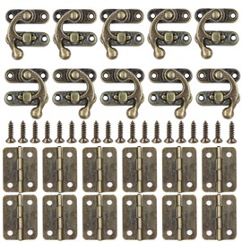 Antique Latch Hook Hasp Retro Clasp Left/Right Horn Lock Pack of 10 Antique Latch Hook Locking Hook + 12 Pieces Small Box Hinges with Screws Perfect for Wooden Box Decoration