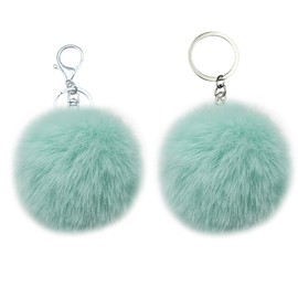 MMQXWZG 2 Pieces Pom Pom Keychain Artificial Rabbit Fur Puff Ball Pompom Key Ring Tote Bag Pendant for Women,lake blue