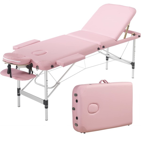 Prilinex Portable Folding Massage Table, 3 Sections Reclining Spa Bed, Aluminum Legs, with Carrying Bag, Face Cradle & Armrest - Easy Set Up, Lightweight, Height Adjustable 24" to 33" Pink
