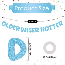 Sky Blue Glitter Pre-Strung Banner, Older Wiser Hotter Banner, Funny Birthday Banners for Men and Women 30th 40th 50th 60th 70th 80th Birthday Party Decorations