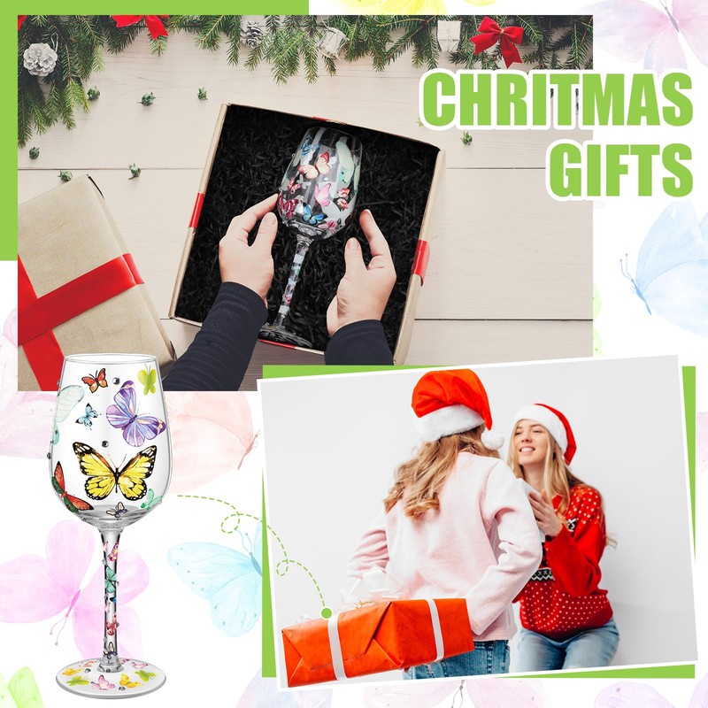 SiliFine 4 Pcs Butterfly Hand Painted Wine Glasses with Long