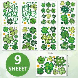JarThenaAMCS 9 Sheets St. Patrick's Day Wall Stickers Green Shamrock Wall Decals Lucky Clover Room Mural Stickers for Irish Home School Office Party Nursery Decor, 7.9 x 11.8 Inch