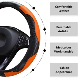 LMYDIDO Car Steering Wheel Cover Leather, Anti-slip Breathable Carbon Fiber Sports Elastic Band Without Inner Ring Steering Wheel Cover Universal Size 37-39cm /14.5-15 (Orange)