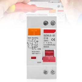 Fi Circuit Breaker 16 A, AC 230 V 30 mA Circuit Breaker, Residual Current Circuit Breaker, 1P+N Top-Hat Rail, Leakage Protection, Overload Protection, Residual Current Device, FI/LS Switch