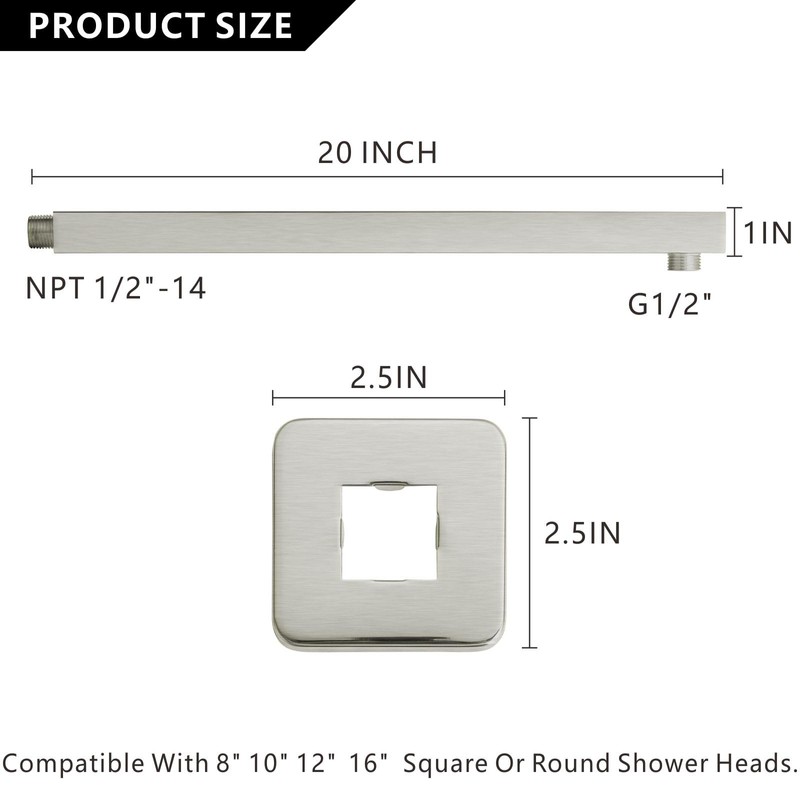 Voolan 20" Square Shower Arm with Flange and Teflon Tape,