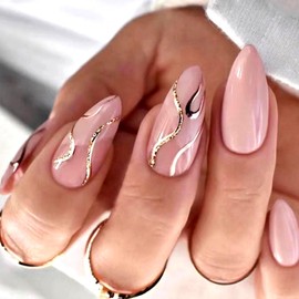 24 PCS Pink Press on Nails Curve Line Design, Glitter False Nails Gel Glue on Nails, Sparkly Manicure Art Acrylic Medium Almond Fake Nails Stick on Nails for Women Girls