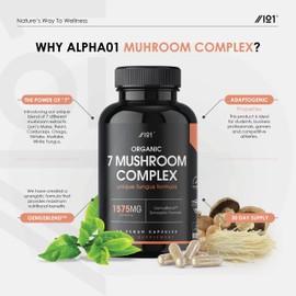 Organic Mushroom Complex 1575mg | Reishi, Cordyceps, Lion's Mane, White Fungus, Maitake, Shitake & Chaga | Non-GMO, Halal. 90 Vegan Capsules
