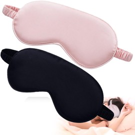 Amazleer Seidene Schlafmaske Damen 2er Set Weiche Seide Augenmaske mit Verstellbarem Atmungsaktivem Riemen, Lichtblockierende Schlafbrille für Tiefschlaf, Reisen, Nachtruhe Mittagspause (Schwarz/Rosa)