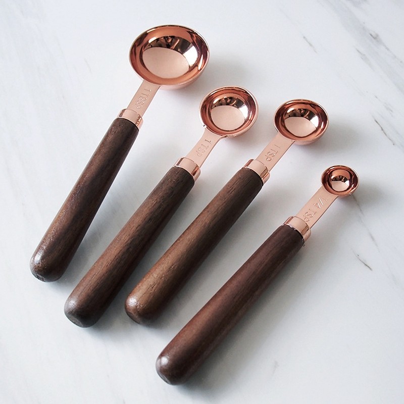 4Pcs/Set Stainless Steel Measuring Spoon Set Rose Gold with Wood