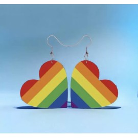 Rainbow French Wire Pride Heart Vegas Faux Leather Stamp Dangle Drop Earrings