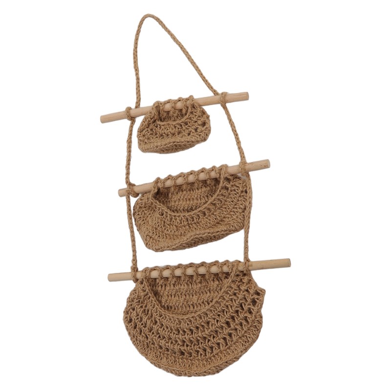Hanging Fruit Basket 3 Tier Wall Mounted Handcraft Hemp Rope
