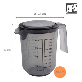 APS 30072 Mixing Cup with Lid - Measuring Cup with Measuring Scales for Liquids (L/ml), Sugar (g) and Flour (g) / Volume 1 Litre / Diameter 12.5 cm / Height 16 cm / Dishwasher Safe French Grey