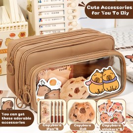 IN Chenthy Capybara Makeup Bag with Cute Plush Toy, Stickers and Pen Accessories - Large Capacity 10-Layer Divider Storage for Cosmetics, Stationery Organizer (8.46" x 3.35" x 4.92"-Brown)