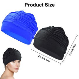 Unisex Fabric Swimming Cap, Pack of 2 Swimming Caps, Soft and Durable Swimming Cap, Quick-Drying Swimming Cap Made of Stretch Fabric, Swimming Cap Fabric for Men and Women, Black + Blue