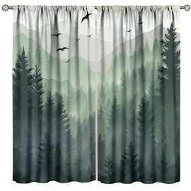 Forest Blackout Curtain for Living Room, Watercolor Green Forest Flying Birds Nature Mountain Tree Woodland Home Window Treatments 2 Panels Drapes for Kitchen Batroom Office Deocr 42"W X 45"L