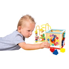 Bino Motor Skills Cube with Clock, Toy for Children from 1 Year (Wooden Toy with 5 Different Playing Options, Promotes Motor Skills, Child-friendly Design), Multi-Colour