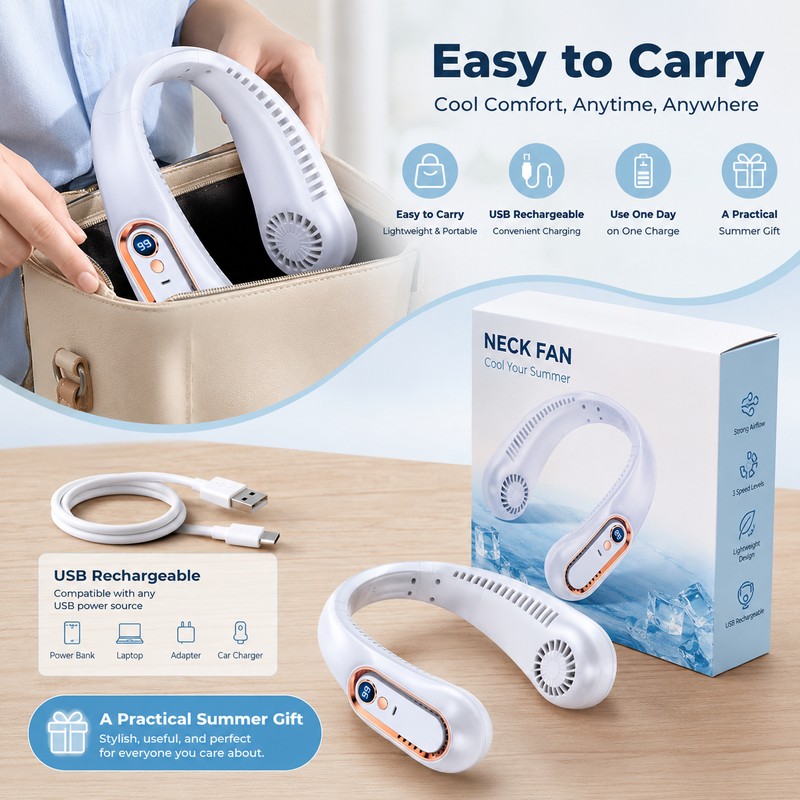 Bladeless Neck Fan for Hands-Free Cooling – 5-Speed USB Rechargeable