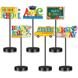 Yuntau 6 Pcs Back to School Table Decorations Wooden Bus Books Bag Apples Signs Tired Tray Decor First Day of School Table Centerpiece Tabletop Decorative Signs for Classroom Desk Office Party Decor
