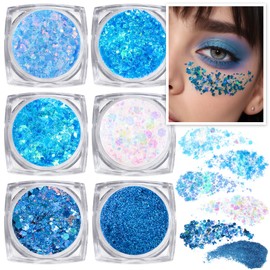 Teenitor Body and Face Glitter, Blue Body Glitter, Hair Glitter Gel, 6 Shapes Makeup Glitter Gel for Face, Body, Hair