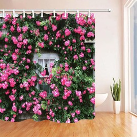 Gaakvrr Roses Cottage Shower Curtain, Window Flowers Curtain, 3D Garden Shower Curtain Washable Waterproof Curtains Set with 12 Hooks for Bathroom 72x72 Inch(183x183CM)