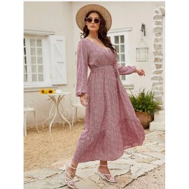 kojooin 4XL Women Plus Size V Neck Maxi Dress Long Sleeve High Waist Red Leopard Ruffle