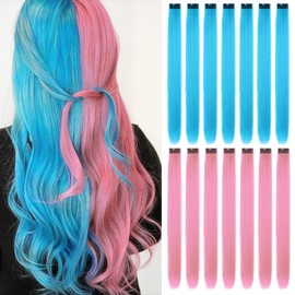 Clip-In Hair Extensions, Pink Sky Blue Coloured Hair Strands, Party Highlights, Straight Long Hairpieces, Rainbow Hair Accessories for Women, Girls and Children, 55 cm, Pack of 16
