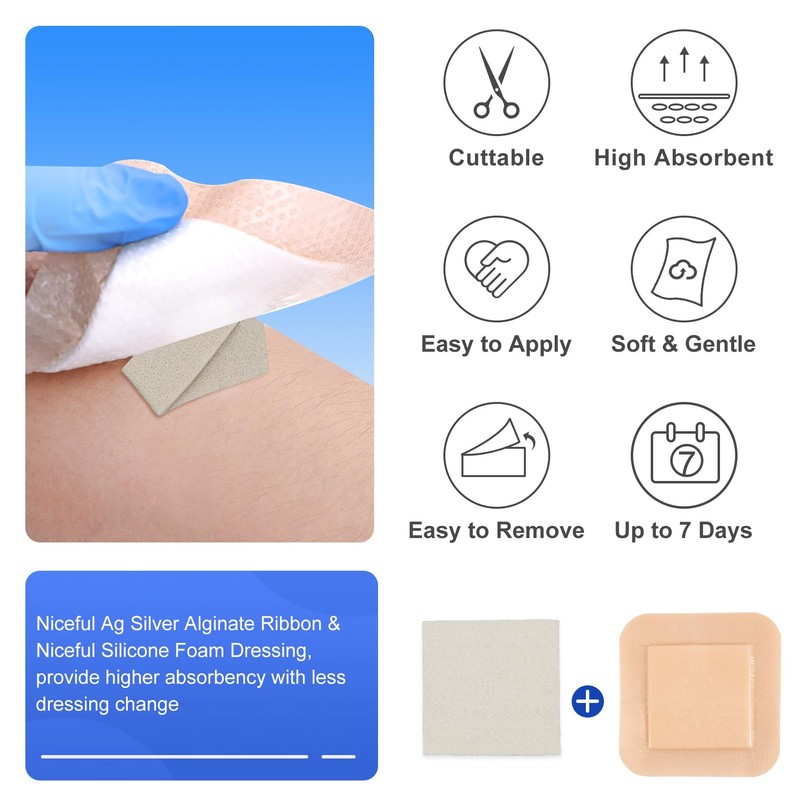 Niceful Silver Calcium Wound Dressing 4" x 4", Highly Absorbent