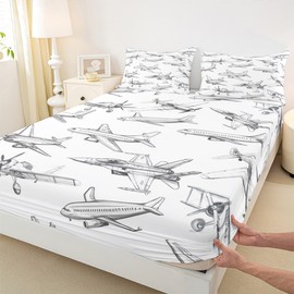 Homewish Airplane Fitted Sheet Full Size Aircraft Bedding Set 3Pcs for Kids Girls Boys Teens Bedroom Decor Black White Sketch Print Bed Sheet Flying Theme Deep Pocket Sheet,2 Pillowcases