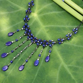 NOVICA Artisan Handmade Lapis Lazuli Choker Waterfall Necklace Stainless Steel Glass Bead Blue Thailand Royal Reflecting Pond Birthstone Gemstone [14.5 in Inner Circ. x 0.8 in W Pendant(s) 3.2 in L X]