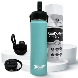 GMP star 18-8 Stainless Steel-Double-Wall Vacuum Insulated Water Bottle Flask for Hot and Cold Drinks with Two Different lids,Eco-Friendly Packaging,UK Company 0.75 Litre Blue