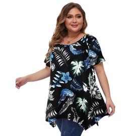 MONNURO Womens Plus Size Tops Short Sleeve Casual Crew Neck T Shirts with Asymmetrical Hemline, Blue Hawaiian Plant, 6X