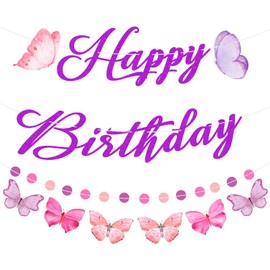 Purple Butterfly Theme Birthday Decorations Set, Happy Birthday Hanging Banner Butterfly Birthday Decors with Circles, Butterfly Birthday Decorations Birthday Banner for Women Home Party Supplies
