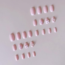 24Pcs French Tip Press on Nails Medium Square Nails Cute Cat Fake Nails with Nail Glue Pink Glitter Glossy Acrylic Nails Design White French Tip Cute Nail Charms False Nails Stick on Nails for Women