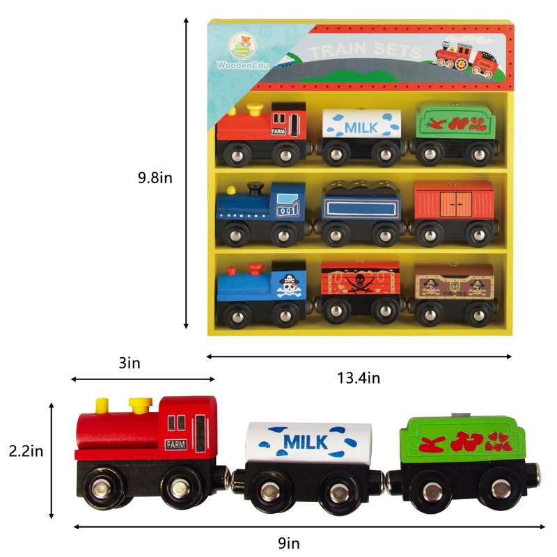 WoodenEdu Wooden Train Sets for Toddlers, 9 Pcs Train Toy