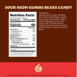 Neon Sour Bears Gummy Candy | 1 Pound Bag | Assorted Fruit Flavored Sour Gummies | Colorful Chewy Candy for Parties, Buffets, Kids' Events, and Dessert Decorating