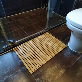 HJJKKH Bath Mat, Wooden Bathroom Mat Rayon Derived from Bamboo 27.6"x19.7", Rollable Non-Slip Floor Mat, Wooden Shower Mat for Bathroom, Bathtub, Spa, Sauna, Hot Tub & Outdoor Use